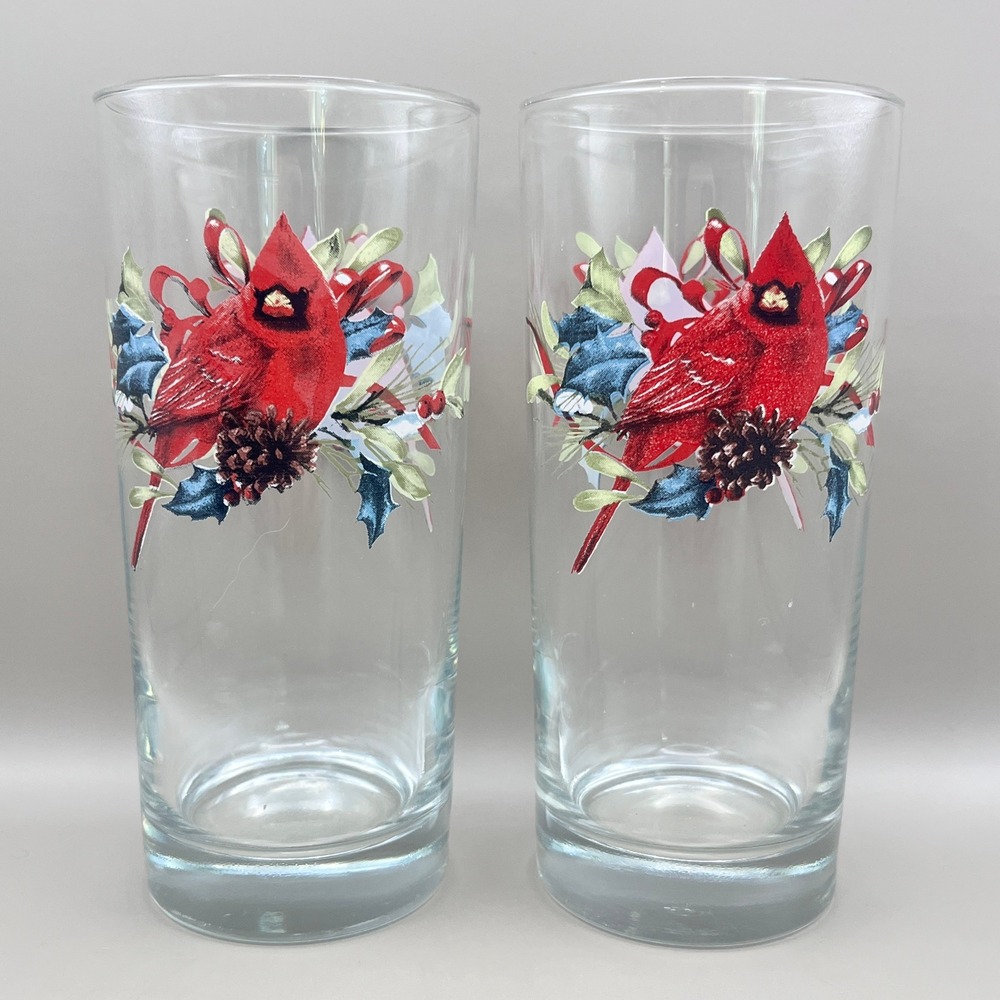 Set of 2 Lenox Red Cardinal Christmas Highball Glasses Holly Berry Tumblers 16oz